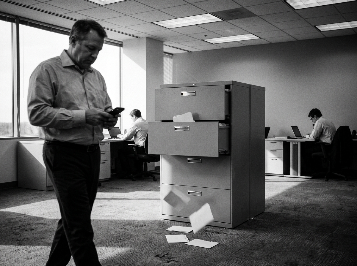 An office worker walks past a filing cabinet, absorbed in a phone, as cards fall from an open drawer to the carpet
